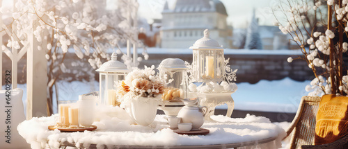 Winter frozen morning on the patio, backyard with snowy trees, furniture, candles, lamp garland.served dinner table. Christmas, New Years holidays. Outdoors vacation. Exterior Design.Generative ai © Inai
