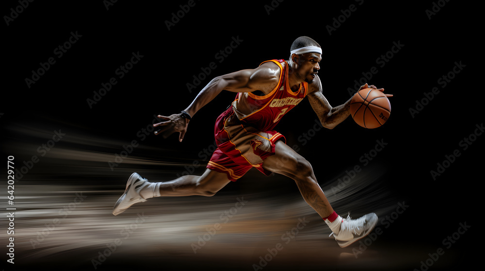 Basketball player running with ball, high speed motion blur background