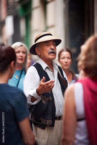shot of a tour guide talking to his group of tourists