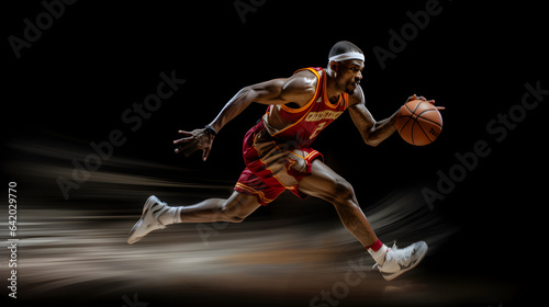 Basketball player running with ball, high speed motion blur background