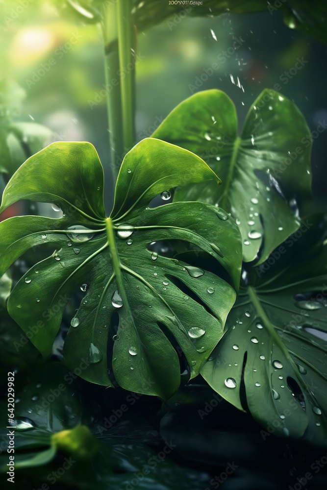 Fototapeta premium Fresh Raindrop on Lush Green Leaf.
