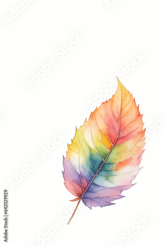 Colorful autumn illustration of bright birch leaf on white background with copy space. Minimal autumn aesthetic.