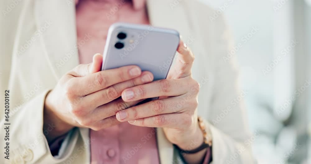 Phone, hands and closeup of businesswoman typing a text message on social media or mobile app. Technology, research and female lawyer scroll on internet, online or website with cellphone in workplace Phone, hands and closeup of businesswoman typing a text message on social media or mobile app. Technology, research and female lawyer scroll on internet, online or website with cellphone in workplace
