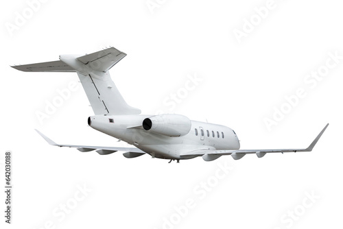 White modern corporate jet plane flies isolated