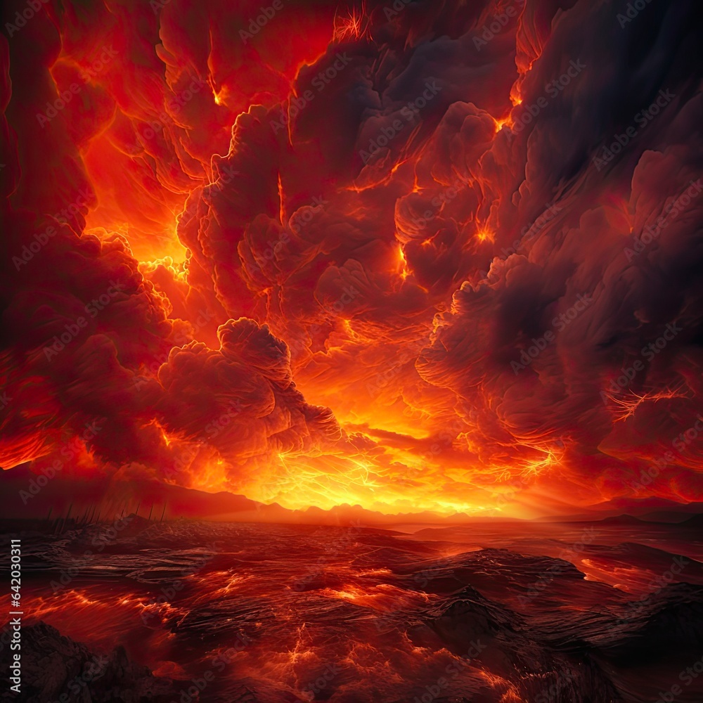 Cinematic Burning Sky AI Generated. Flames and Balefire with Red Sunset Colour for Nature Lovers