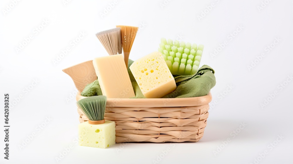 Cleaning Basket with Eco-Friendly Brushes, Sponges and Rag. Organic Home Lifestyle Products for Natural Cleaning Concept on White Background