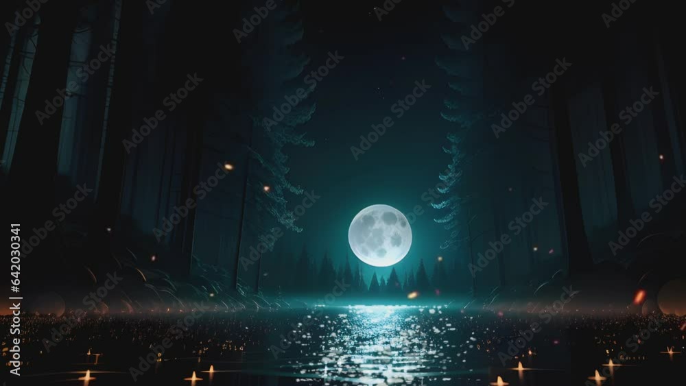 night landscape with super moon, dark forest,  stars and water reflection. Cartoon or anime illustration style. seamless looping 4K time-lapse virtual video animation background.