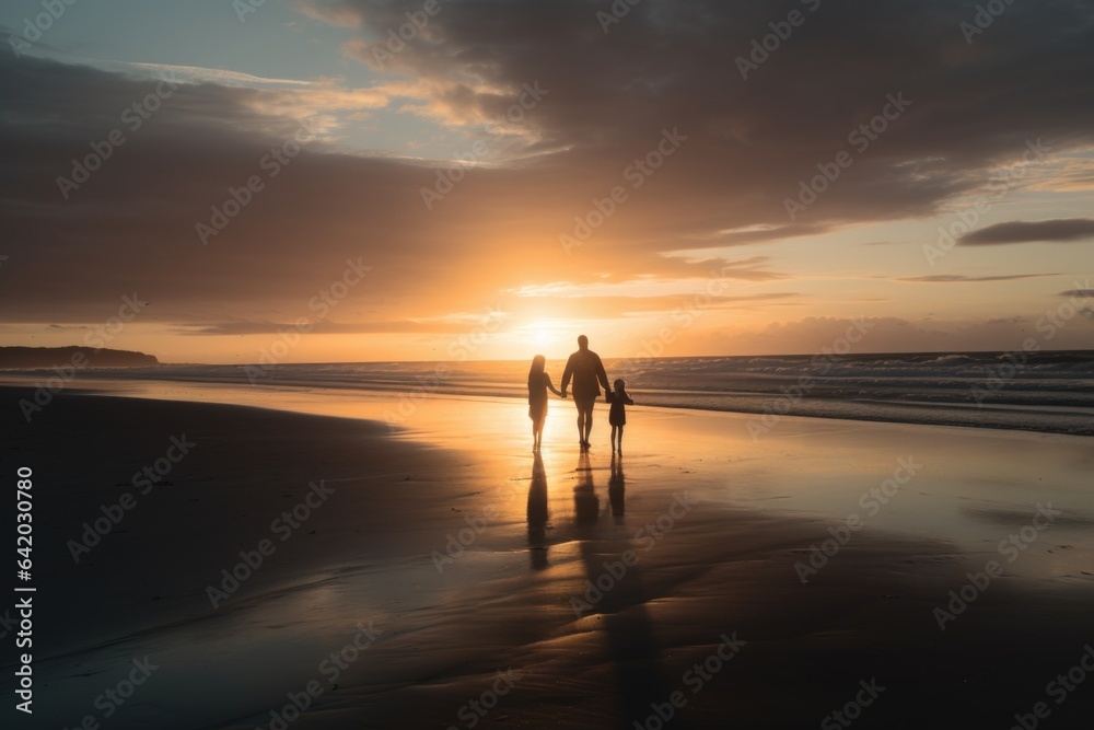A father and daughter holding hands while walking along a sandy beach. Vastness of the ocean and the breathtaking sunset. Generative AI.