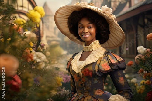 close up portrait of cute young pretty woman wearing 18th century Regency outfit  standing in flower garden, Generative Ai