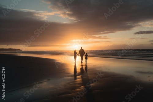 A father and daughter holding hands while walking along a sandy beach. Vastness of the ocean and the breathtaking sunset. Generative AI.