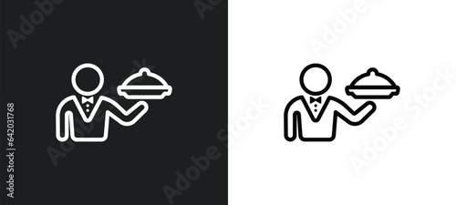 waiter with a roast chicken icon isolated in white and black colors. waiter with a roast chicken outline vector icon from food collection for web, mobile apps and ui.