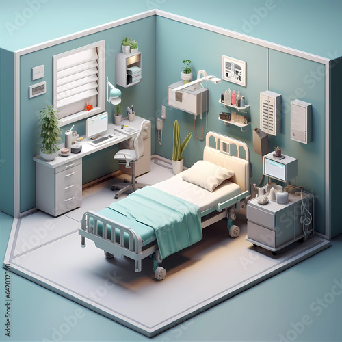 Isometric modern hospital room with bed and medical supplies