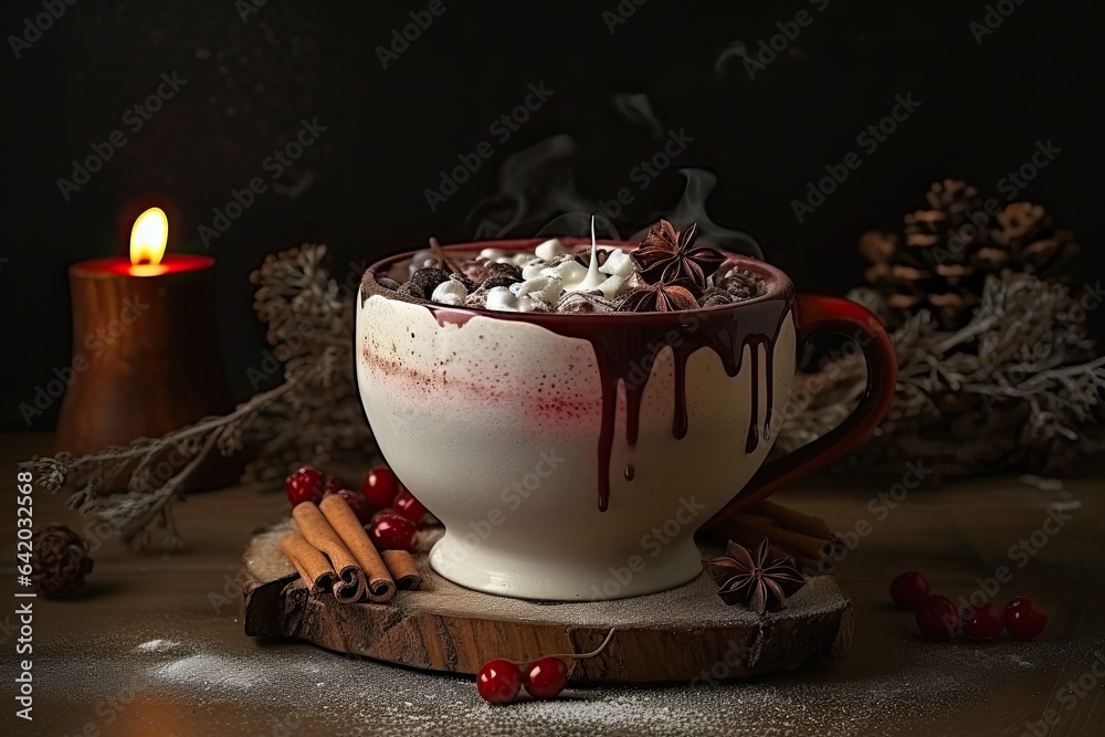 A cozy cup of hot chocolate with whipped cream, cinnamon and marshmallows. A cozy cup of hot chocolate with whipped cream, cinnamon and marshmallows.