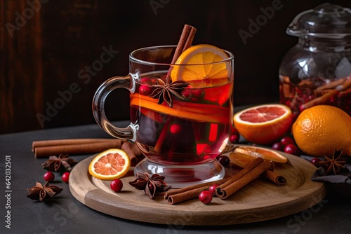Christmas Spice Infusion: A warm homemade mulled wine with cinnamon, anise and seasonal fruit, perfect for festive winter celebrations.