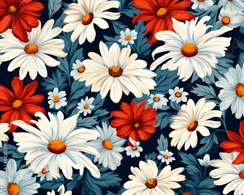Flower red and white pattern on dark blue background for garment
