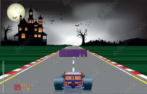 Pixelated retro arcade racing car formula. pixel night halloween background