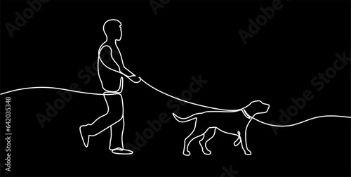 continuous line man walking with dog drawing of happy pet lover with dog vector illustration on black background	