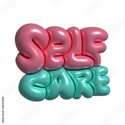 Self Care - 3d rendering hand drawn lettering illustration. Fun inspirational quote, motivational psychological message text. Mental health support concept, positive saying. Metallic balloons shape. R