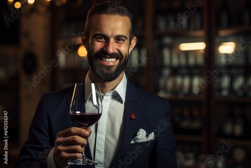 passionate very happy man holding a glass of wine