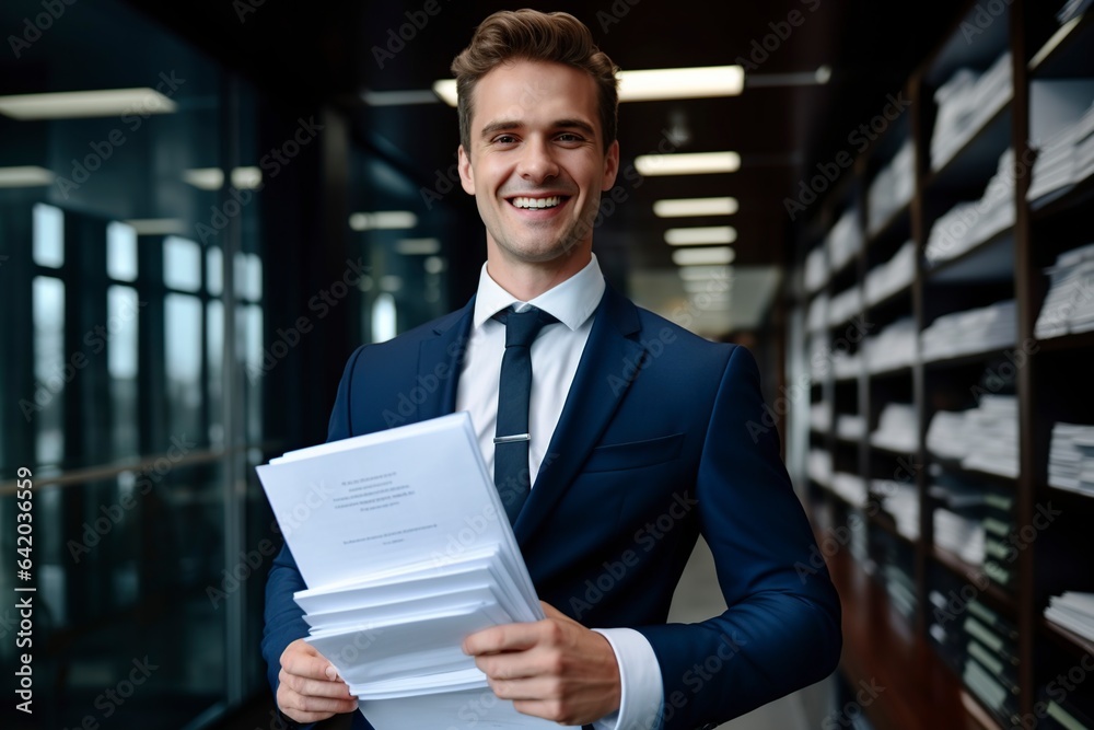 happy confident lawyer in a suit containing some documents happy confident lawyer in a suit containing some documents