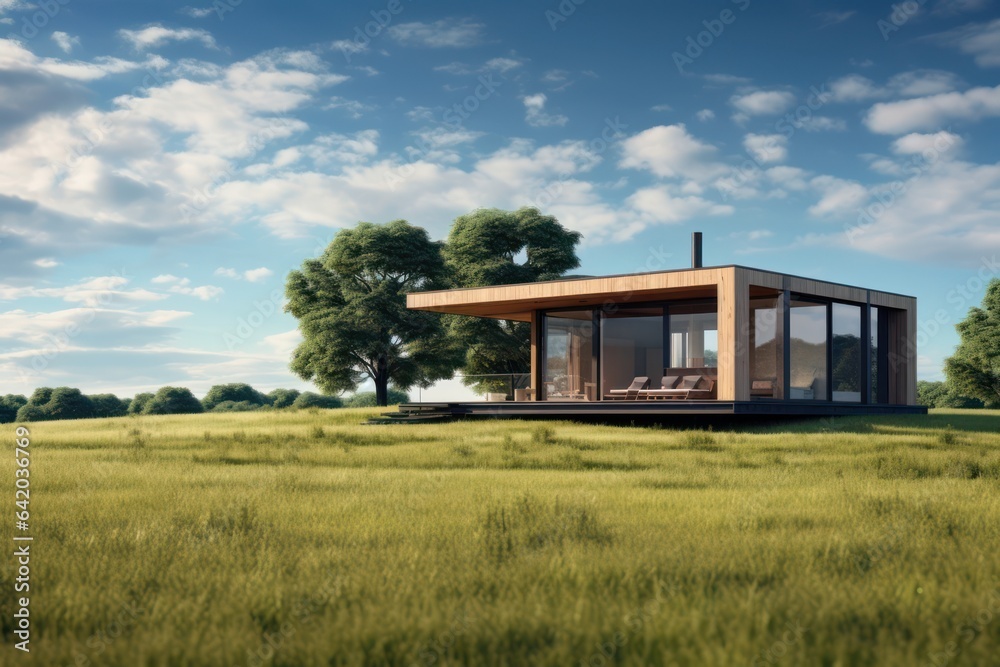 timber frame tiny home modular modern house unit with panoramic large sliding doors, wooden cladding, generative AI
