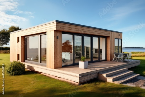 timber frame tiny home modular modern house unit with panoramic large sliding doors, wooden cladding, generative AI © Layerform