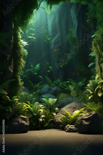Serene Tropical Garden with Lush Flora and Freshwater Aquarium.