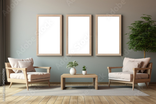 Minimalistic living room with three vertical blank frame mockups, pastel color wall. Concept interior design. Generative Ai © bluebeat76