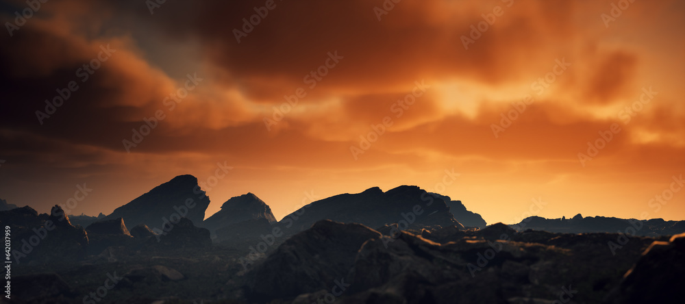 Arid rocky landscape with cloudy sky at sunset.