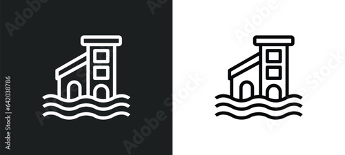 flooded home icon isolated in white and black colors. flooded home outline vector icon from meteorology collection for web, mobile apps and ui.