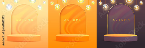 Set of autumn backgrounds with 3d podium, electric lamps and gold luxury arch. Vector illustration