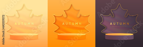 Set of autumn backgrounds with 3d podium, maple leaf silhouette and gold luxury outline. Vector illustration