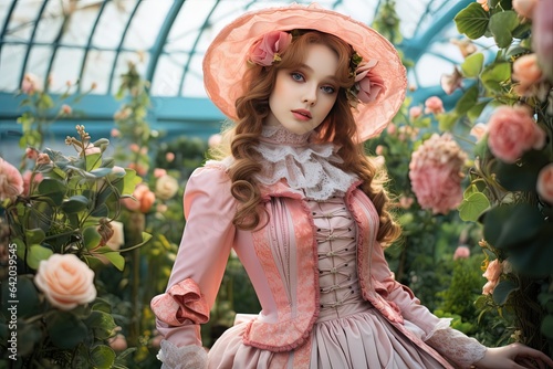 close up portrait of cute young pretty woman wearing 18th century Regency pink outfit standing in flower blossom garden, Generative Ai