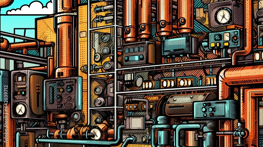 Industrial IoT systems in manufacturing. Fantasy concept , Illustration painting.