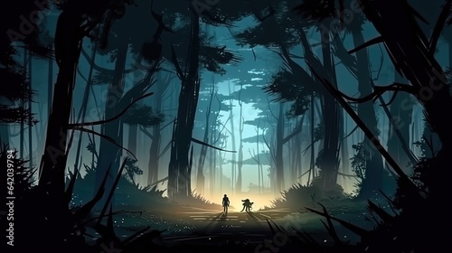 Gloomy dark fairy forest. Fantasy concept   Illustration painting.