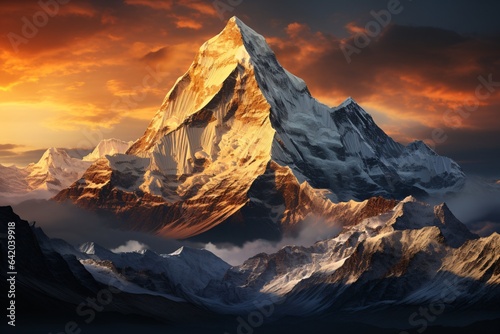 Mountain landscape with snow covered peaks at sunset. 3d render