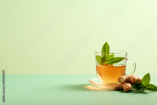 glass cup of fresh mint and ginger tea, minimalist