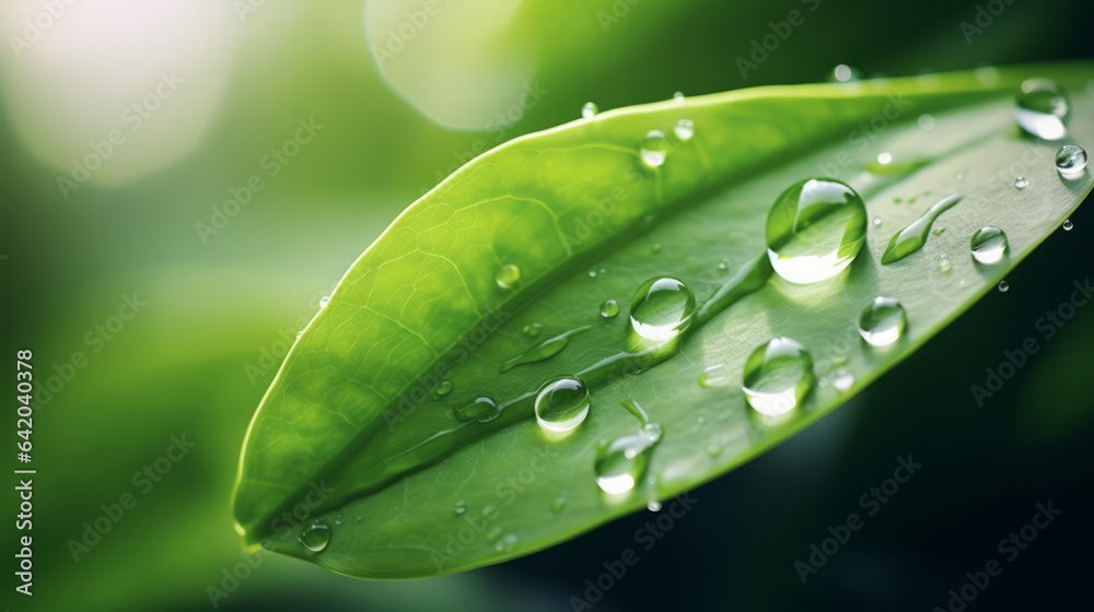 Fototapeta premium Large drops of rain water on a green leaf macro. Leaf texture in nature
