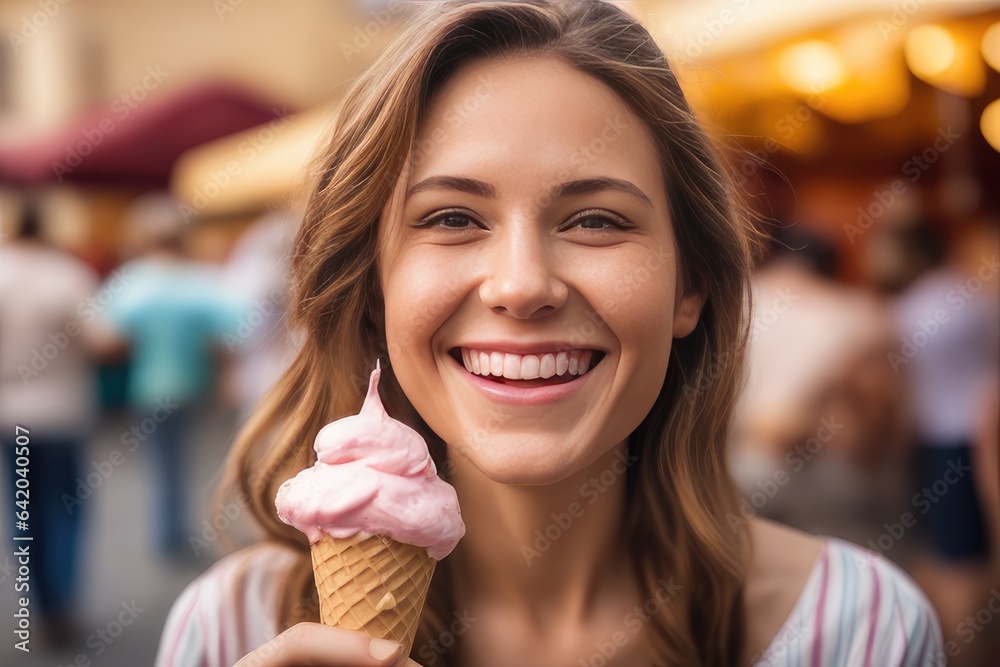 woman holding ice cream at street market