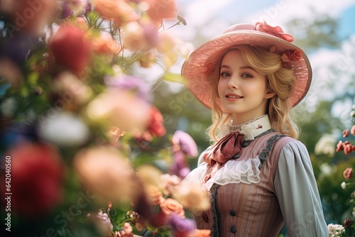 close up portrait of cute young pretty woman wearing 18th century Regency beige pink standing in flower blossom garden, Generative Ai