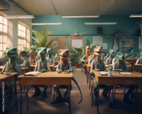 First day at school, september first. Dinosaurs animals sitting in classroom. Wild Animals as a humans. Modern room, bright sunny scene.