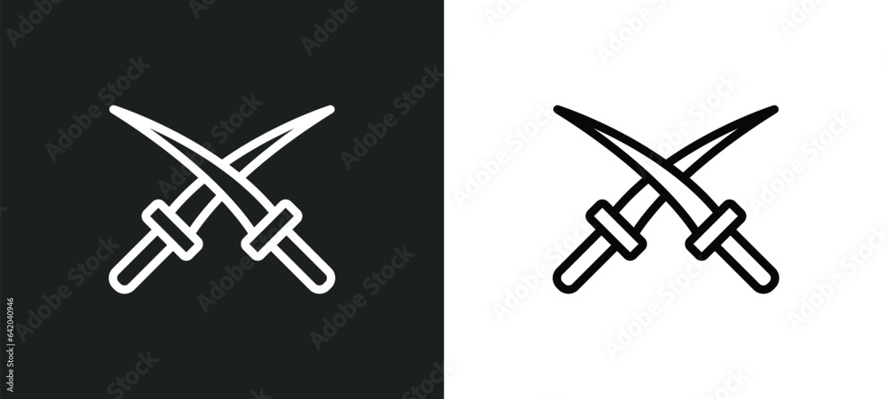 2 katanas icon isolated in white and black colors. 2 katanas outline vector icon from weapons collection for web, mobile apps and ui. 2 katanas icon isolated in white and black colors. 2 katanas outline vector icon from weapons collection for web, mobile apps and ui.