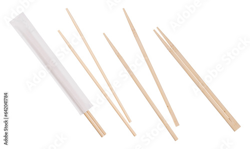 The picture features a set of Asian eating chopsticks. The chopsticks are made of light-colored wood. In the photo, you can see the chopsticks arranged in various positions, some in white paper packag