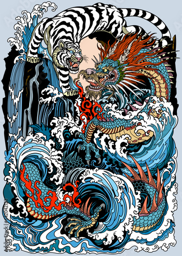 Azure dragon and white tiger meetings at a waterfall. Chinese celestial animals. Mythological creatures  looking at each other, surrounded by water waves. Vertical, graphic style vector illustration