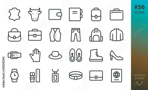 Leather goods isolated icons set. Set of leather symbol, wallet, diary, case, bag, purse, footwear, clothing, bracelet, belt and other accessories vector icon with editable stroke