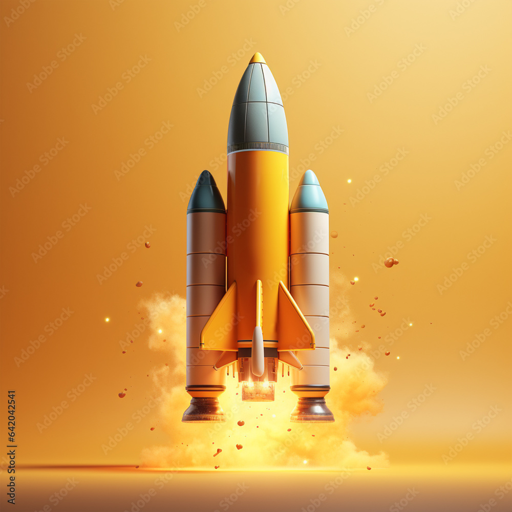 Cartoon rocket launch on yellow background, ai technology
