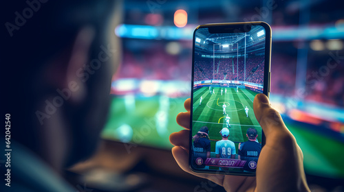 Foto Sports betting on soccer match by smartphone online, sports event betting