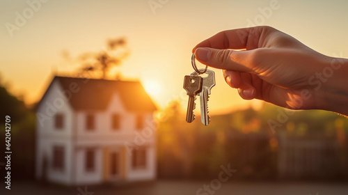 A Hand Holds Keys in Front of Our New House, Unlocking the Doors to a Bright Future Filled with Dreams and Possibilities