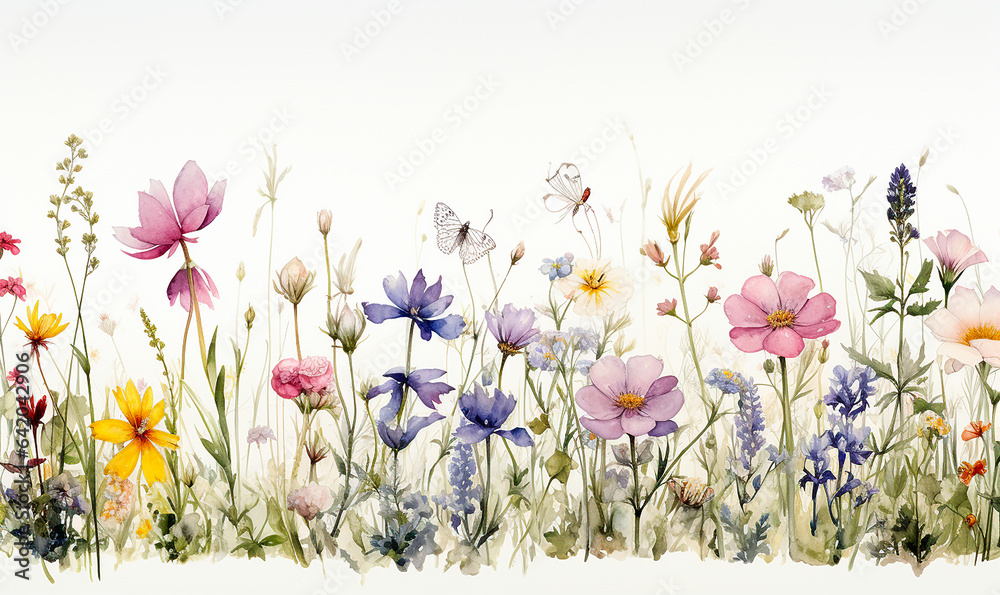Flores estilo acuarela - Plantas y naturaleza pintura - Ilustracion amapolas, lavanda, margaritas - Fondo blanco - obrazy, fototapety, plakaty 