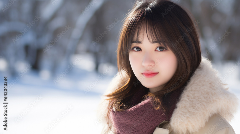 冬の雪山を背景に移る日本人の若い女性のポートレート 冬の雪山を背景に移る日本人の若い女性のポートレート